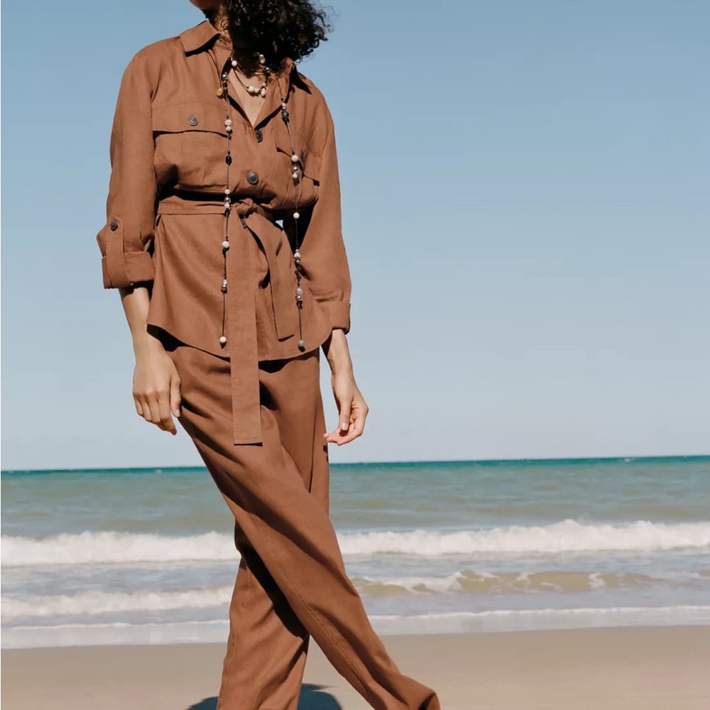 Zara Elegant Brown Women's Linen Pant Set